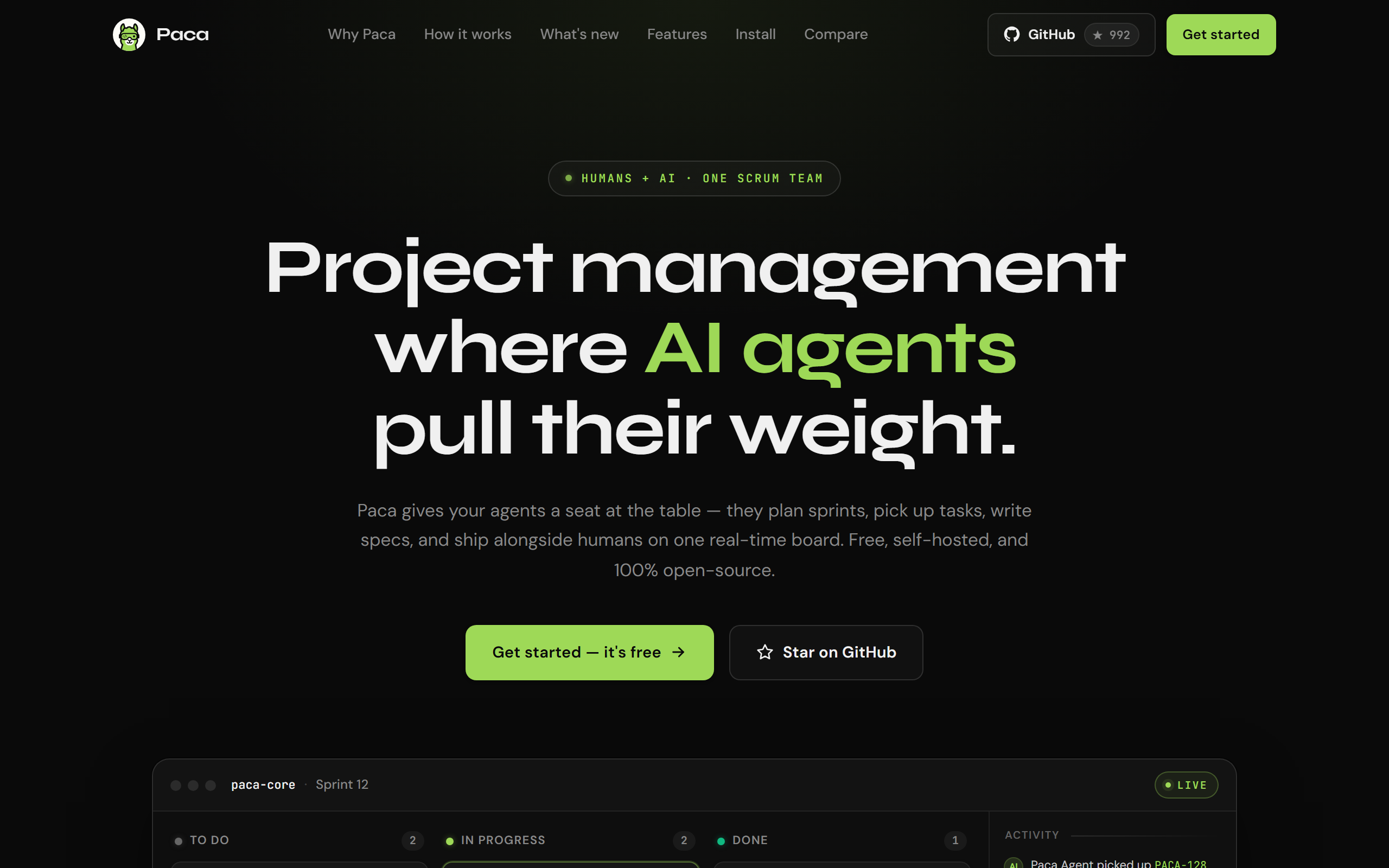 Paca homepage — Project management where AI agents pull their weight