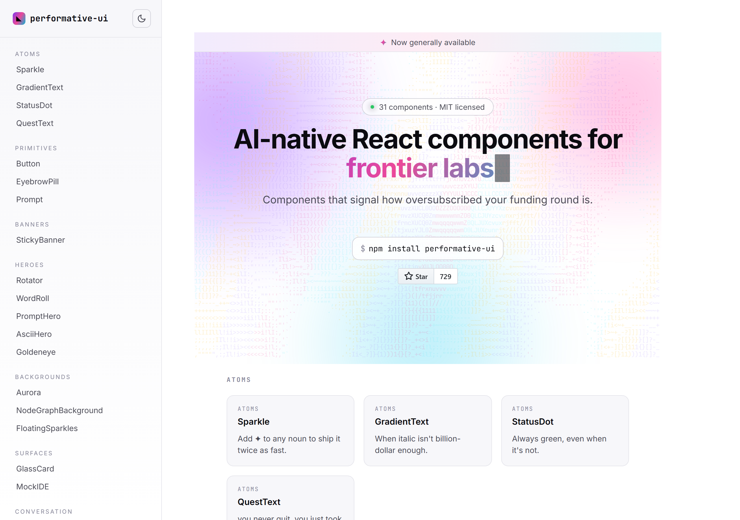 performative-ui homepage — AI-native React components for frontier labs