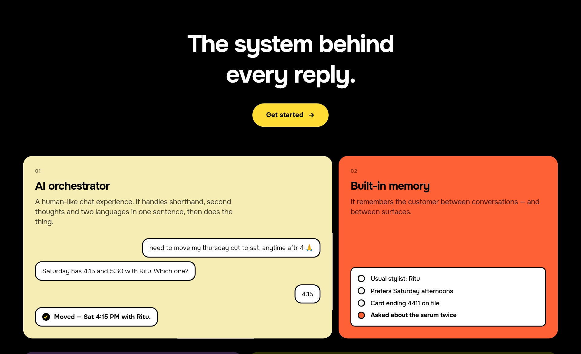Flow's AI orchestrator handling a messy reschedule request, and built-in memory recalling a customer's stylist, preferences and saved card