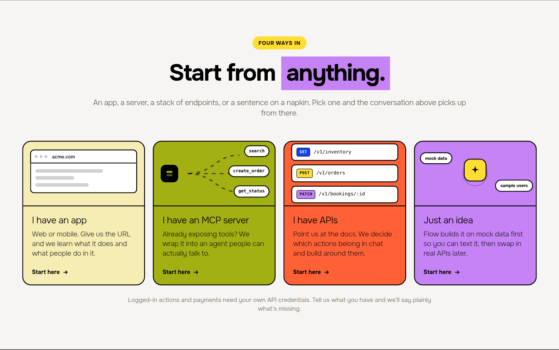 Flow's four starting points: I have an app, I have an MCP server, I have APIs, or just an idea