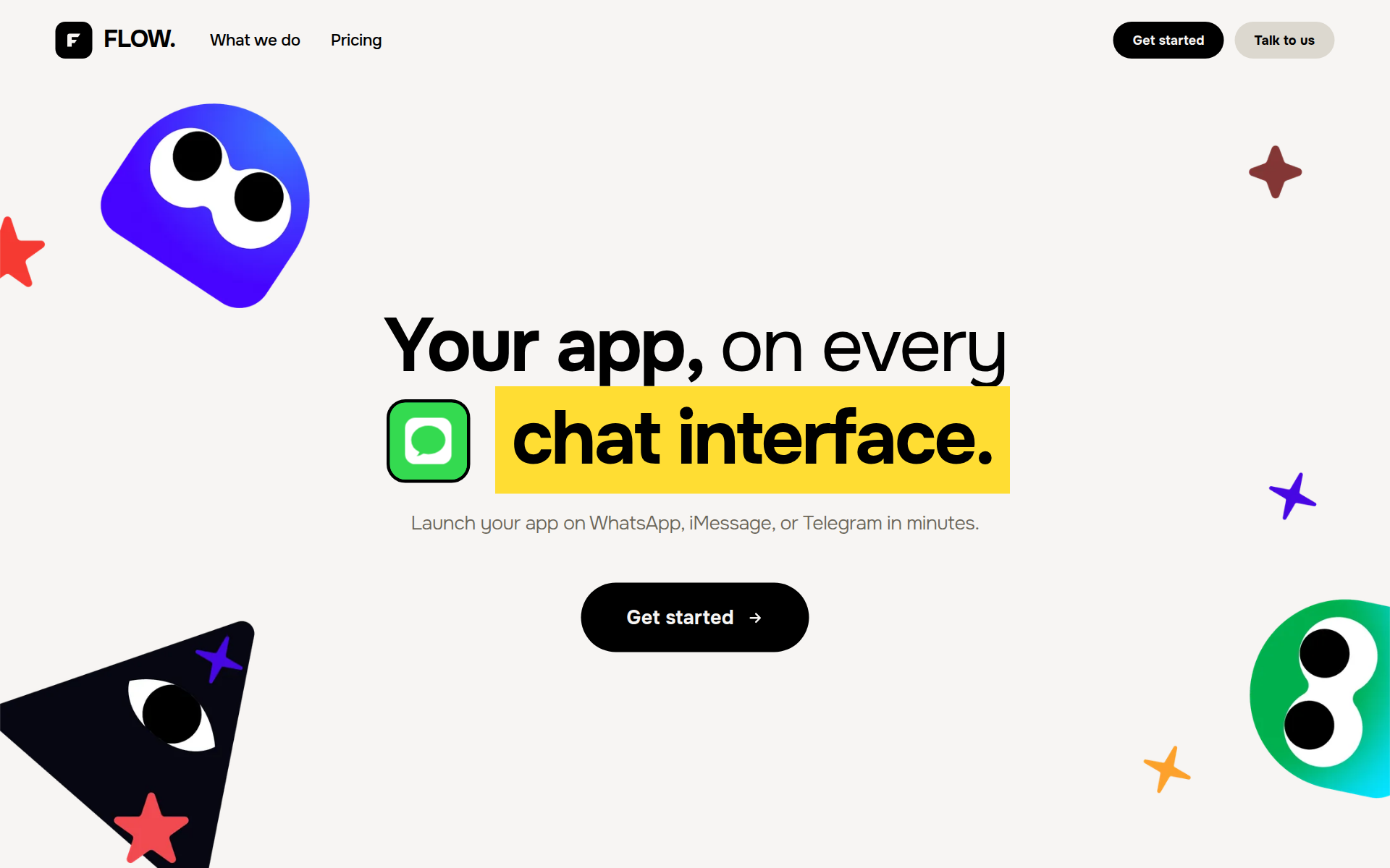 Flow homepage hero: "Your app, on every chat interface" with a call to launch on WhatsApp, iMessage or Telegram