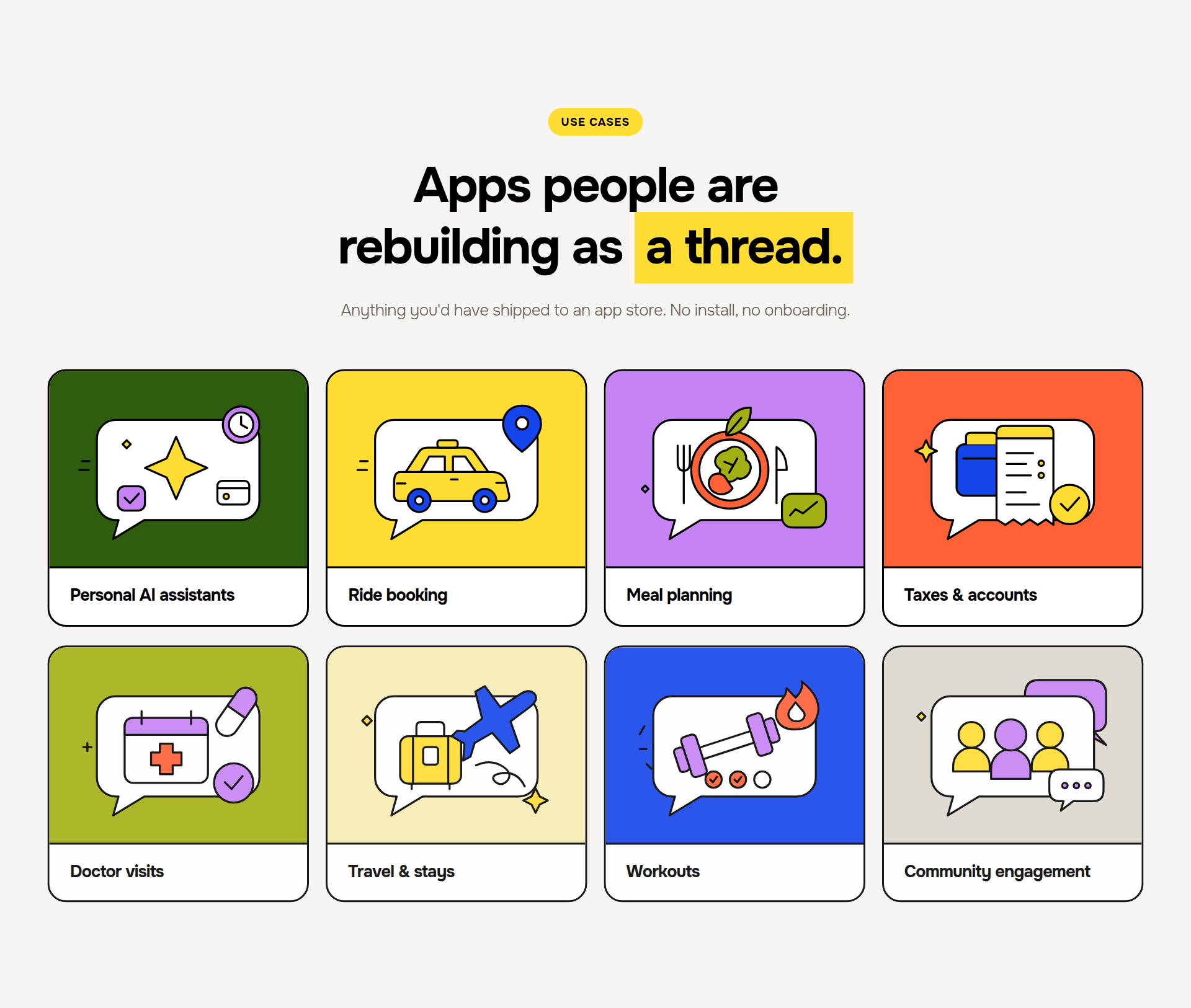 Flow use cases: personal AI assistants, ride booking, meal planning, taxes and accounts, doctor visits, travel and stays, workouts, community engagement